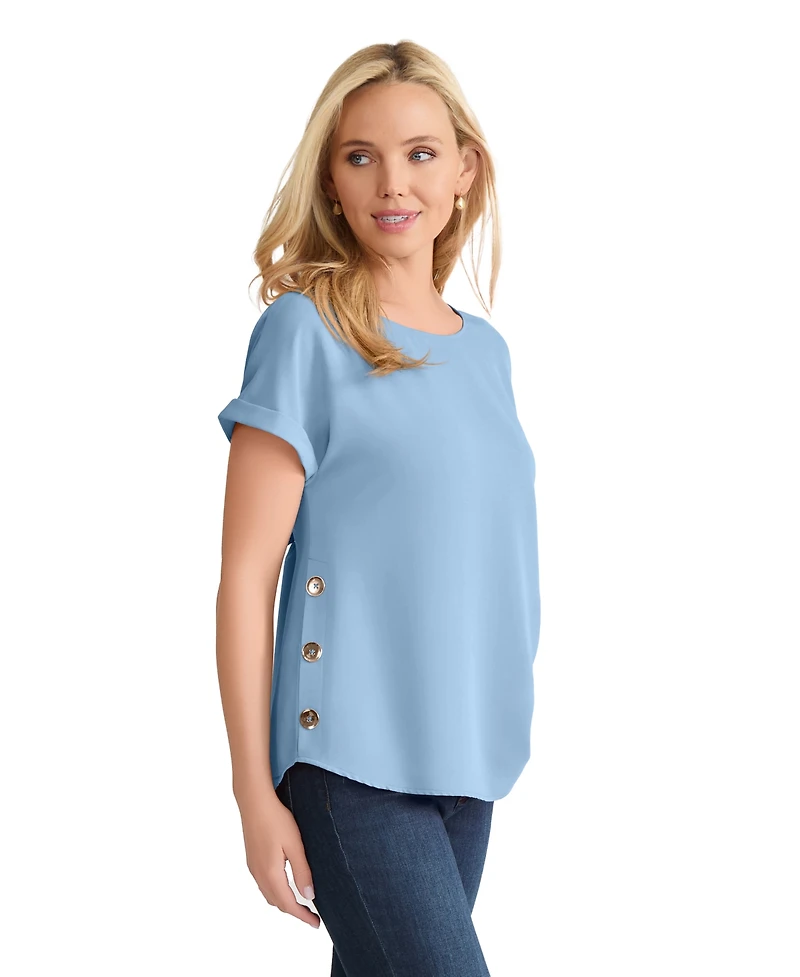 Jones New York Petite Short-Sleeve Button Detail Top