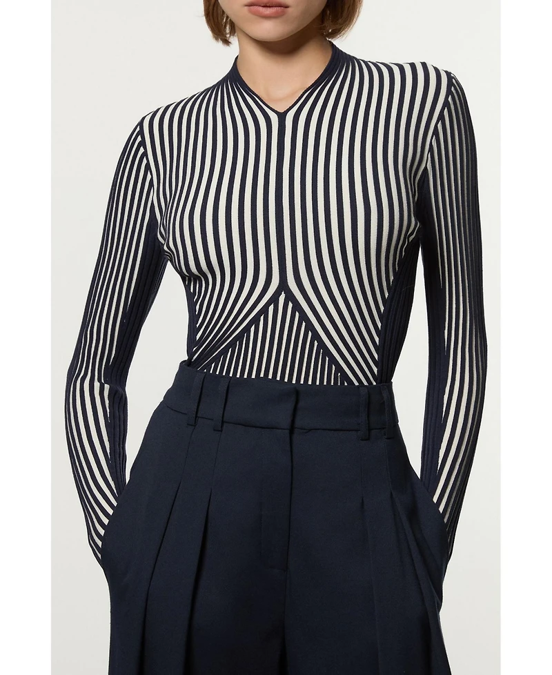 Karen Millen Women's Stripe Fitted Long Sleeve Knitted Top