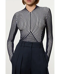 Karen Millen Women's Stripe Fitted Long Sleeve Knitted Top