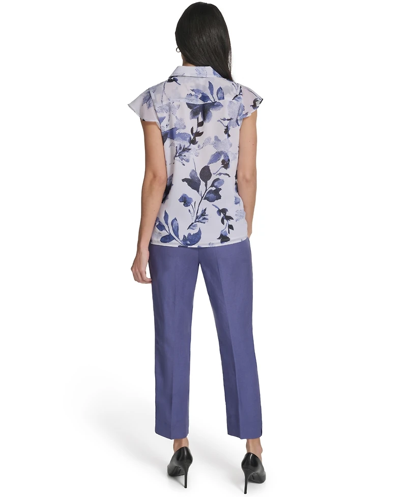 Calvin Klein Women's Printed Cap-Sleeve Ruffle Front Top