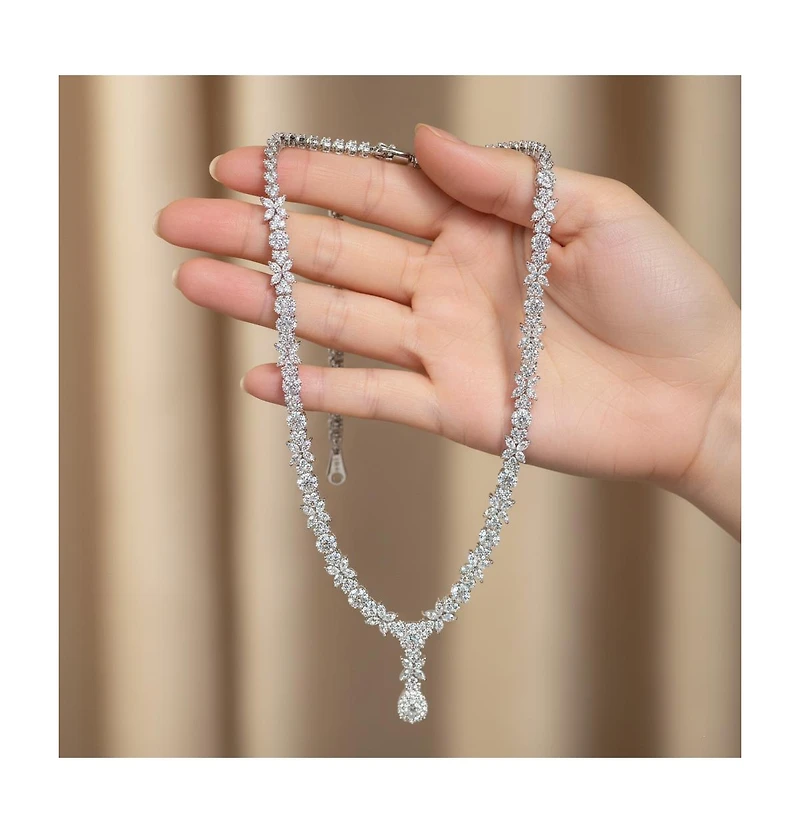 Genevive Chic Sterling Silver White Gold Plated Cubic Zirconia Drop Necklace