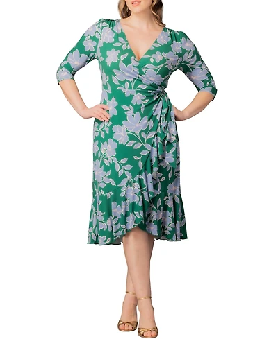 Kiyonna Plus Flirty Flounce Midi Wrap Dress with 3/4 Sleeves