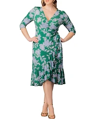 Kiyonna Plus Flirty Flounce Midi Wrap Dress with 3/4 Sleeves