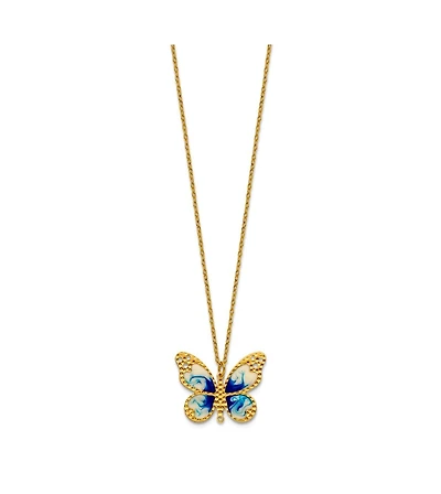 Curata Jewelry Solid 14k Yellow Gold 18 Inch Italian Blue Enamel Textured Butterfly Necklace