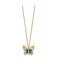 Curata Jewelry Solid 14k Yellow Gold 18 Inch Italian Blue Enamel Textured Butterfly Necklace