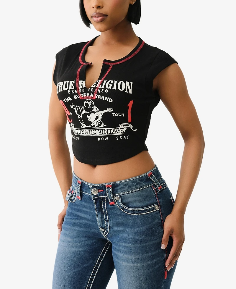True Religion Women's Contrast Stitch Buddha V-Notch T-Shirt