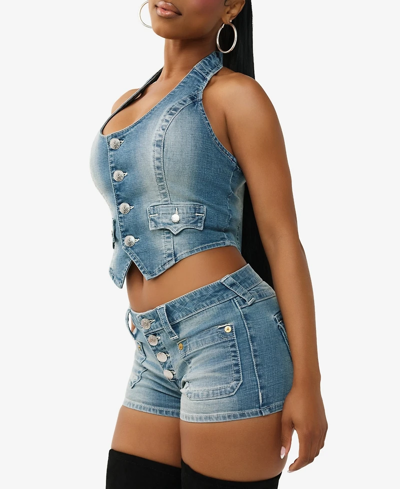 True Religion Women's Scoop Neck Denim Vest Corset Top
