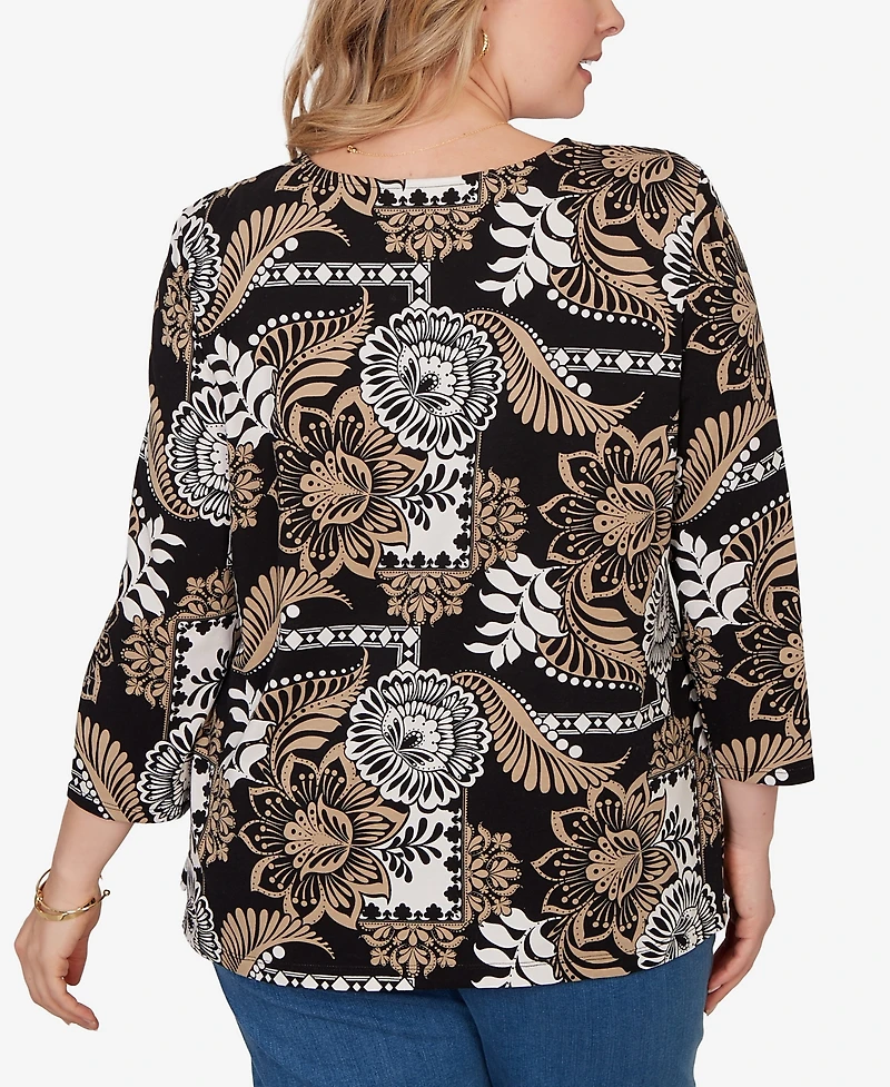 Ruby Rd. Plus Tropical Patchwork Scoop Neck Knit Top