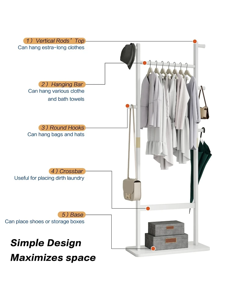 Rainsken Solid Wood Coat Rack, Freestanding Clothes Organizer with Hanging Rod, Hooks, Storage Stand for Coats and Bags