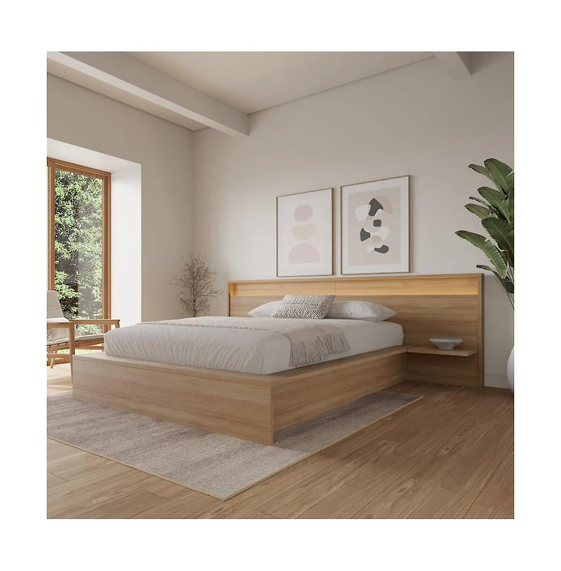 Nexera Luna Slatted Bedframe with Wide Headboard with Lights and Shelves