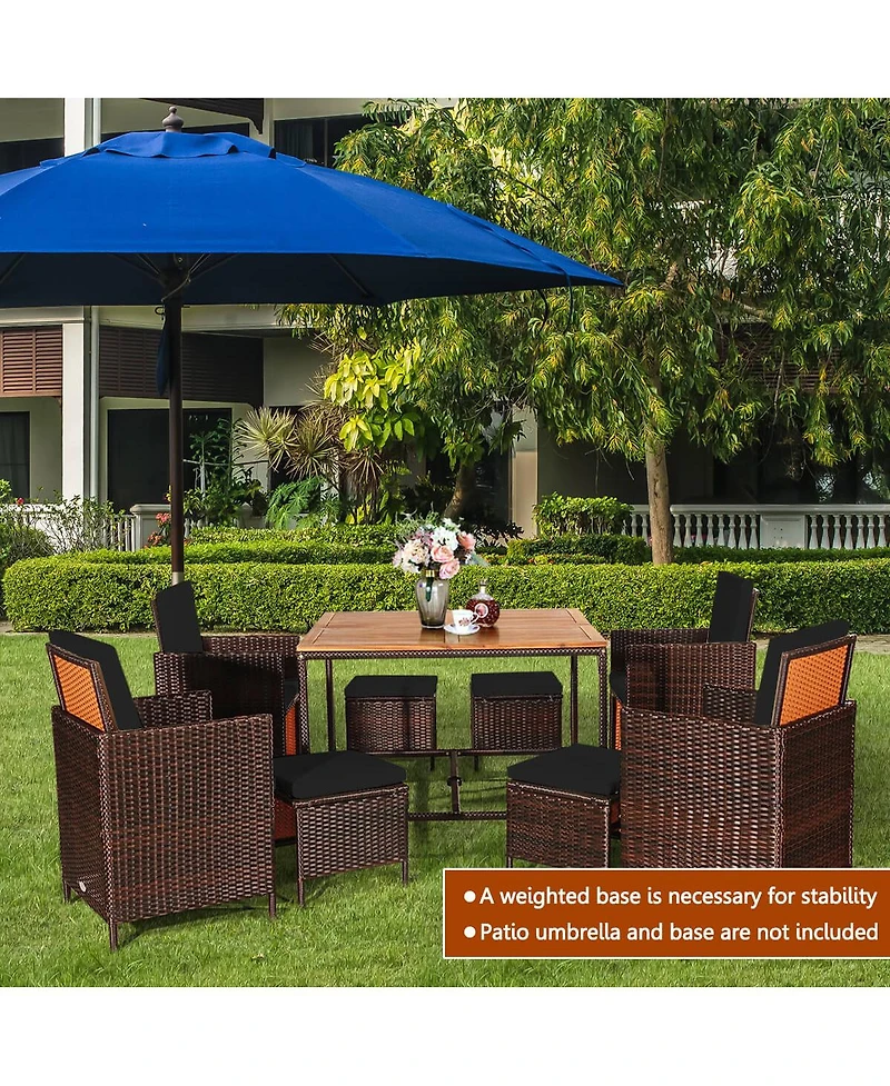 9 Pcs Patio Rattan Dining Set Cushioned Chairs Ottoman Wood Table Top
