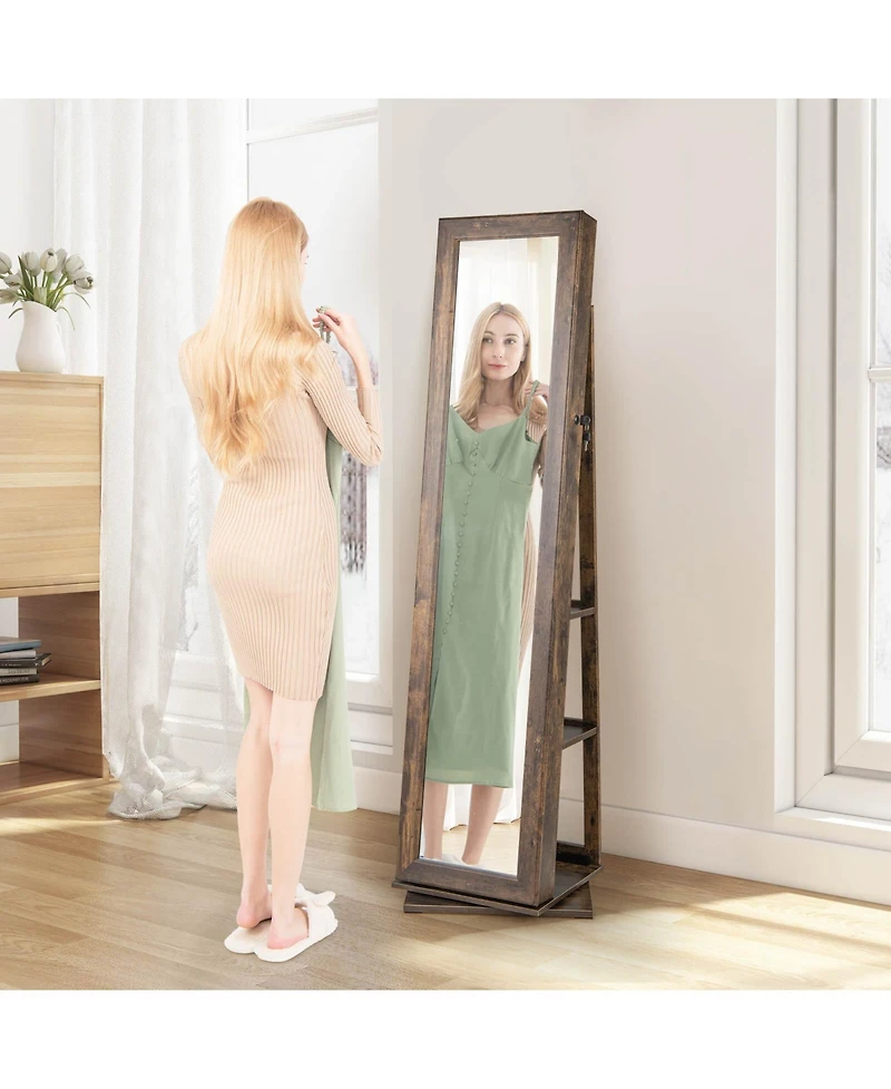 Costway 360degree(s) Swivel Jewelry Armoire with Full-Length Mirror Rear Shelves Makeup Mirror