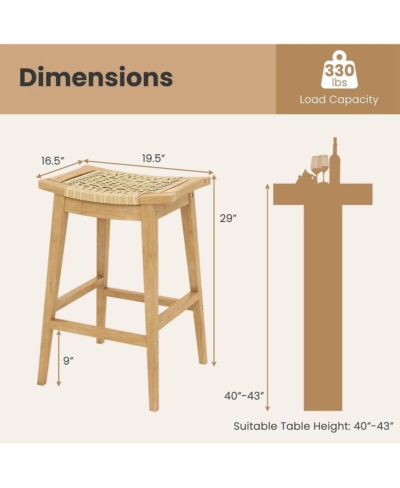 4 Pcs 29" Teak Wood Bar Stool with Footrest & Saddle Seat Boho Bar Height Stool