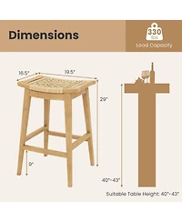 4 Pcs 29" Teak Wood Bar Stool with Footrest & Saddle Seat Boho Bar Height Stool