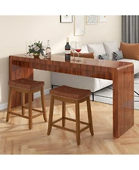 Saddle Bar Stools Set of with Pu Leather Seat Solid Rubber Wood Frame Footrest