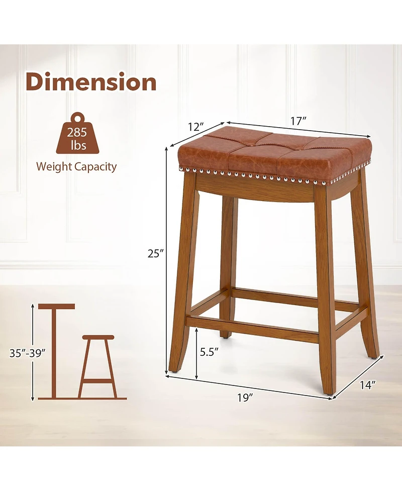 Saddle Bar Stools Set of with Pu Leather Seat Solid Rubber Wood Frame Footrest