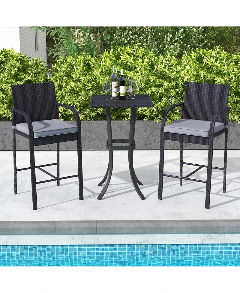 Costway 3 Pieces Patio Wicker Bar Set Rattan Chairs and Square Table with Heavy-Duty Metal Frame