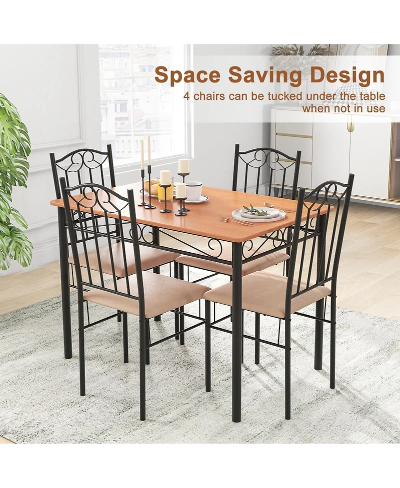 5 Pcs Dining Set Wood Metal 30" Table & 4 Chairs Upholstered Kitchen Breakfast Furniture