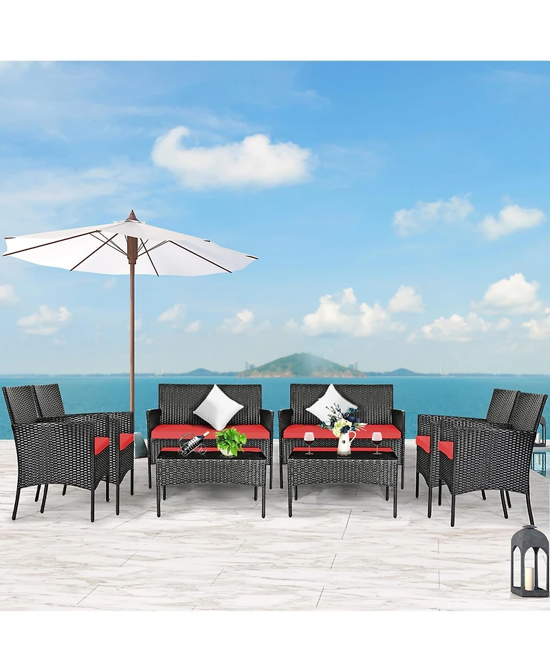 8PCS Patio Rattan Furniture Set Cushioned Sofa Coffee Table Backyard Porch Red