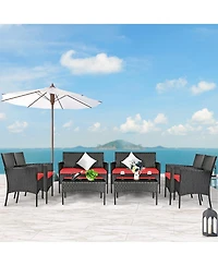 8PCS Patio Rattan Furniture Set Cushioned Sofa Coffee Table Backyard Porch Red