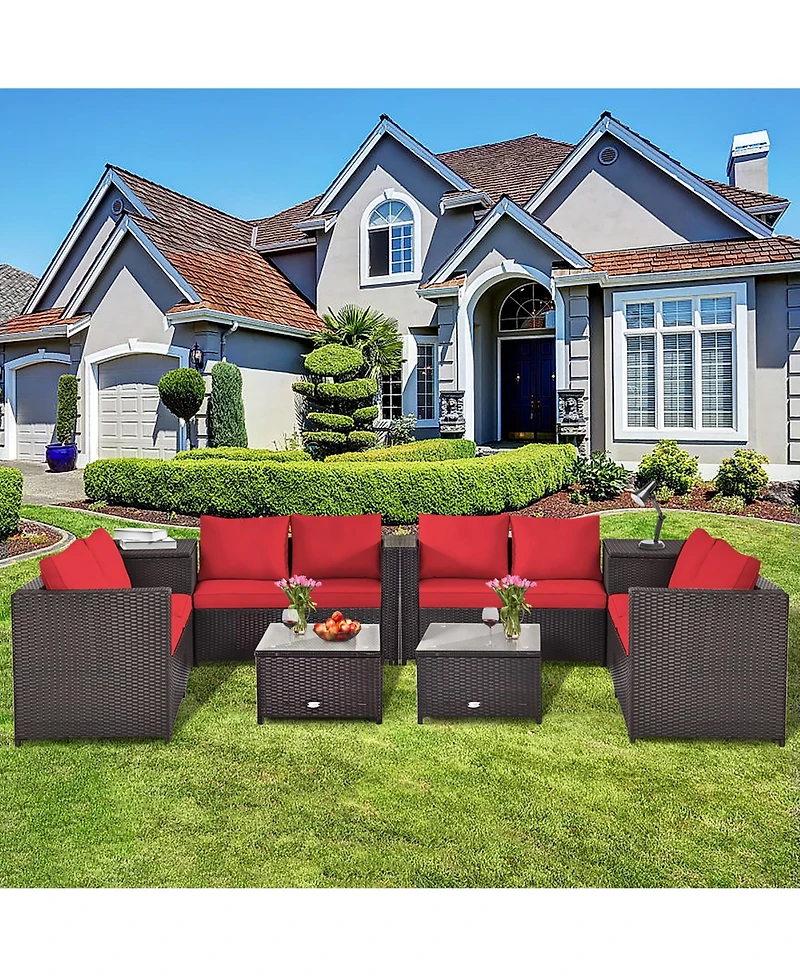 8PCS Outdoor Patio Rattan Furniture Set Cushioned Loveseat Storage Table Red