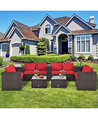 8PCS Outdoor Patio Rattan Furniture Set Cushioned Loveseat Storage Table Red