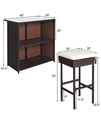 3PCS Patio Rattan Wicker Bar Table Stools Dining Set Cushioned
