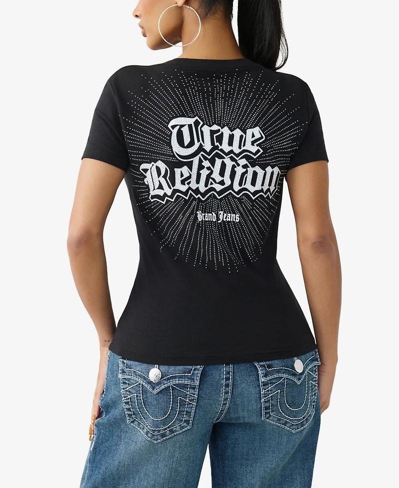 True Religion Women's Crystal Logo V-Neck T-Shirt