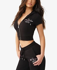 True Religion Women's Crystal Cap Sleeve Zip Hoodie Sweatshirt