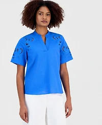 T Tahari Women's Embroidered Short-Sleeve Top