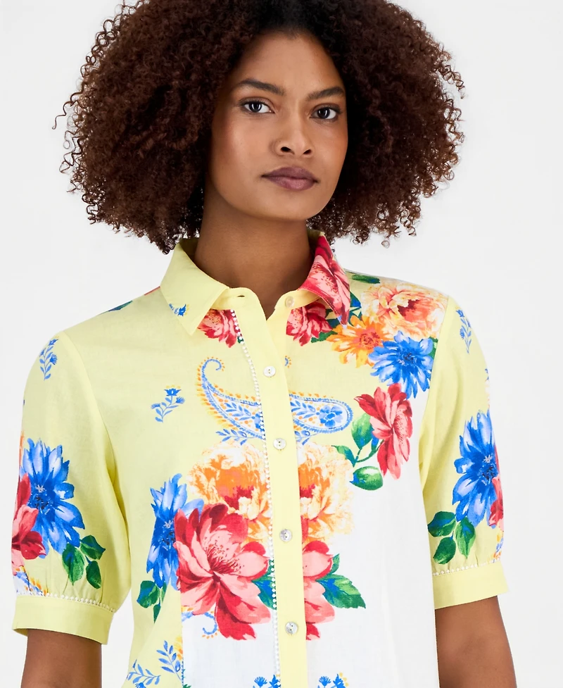 T Tahari Women's Button-Front Puff-Sleeve Blouse