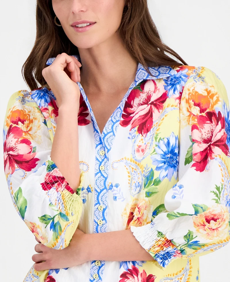 T Tahari Women's Floral-Print 3/4-Sleeve Button Blouse