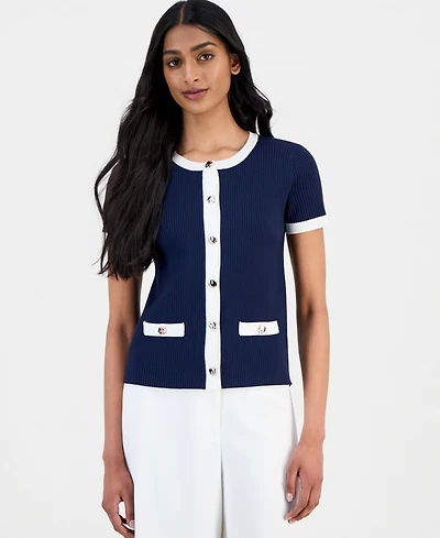 T Tahari Women's Ribbed Short-Sleeve Cardigan Sweater