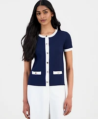 T Tahari Women's Ribbed Short-Sleeve Cardigan Sweater