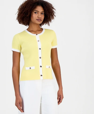 T Tahari Women's Ribbed Short-Sleeve Cardigan Sweater