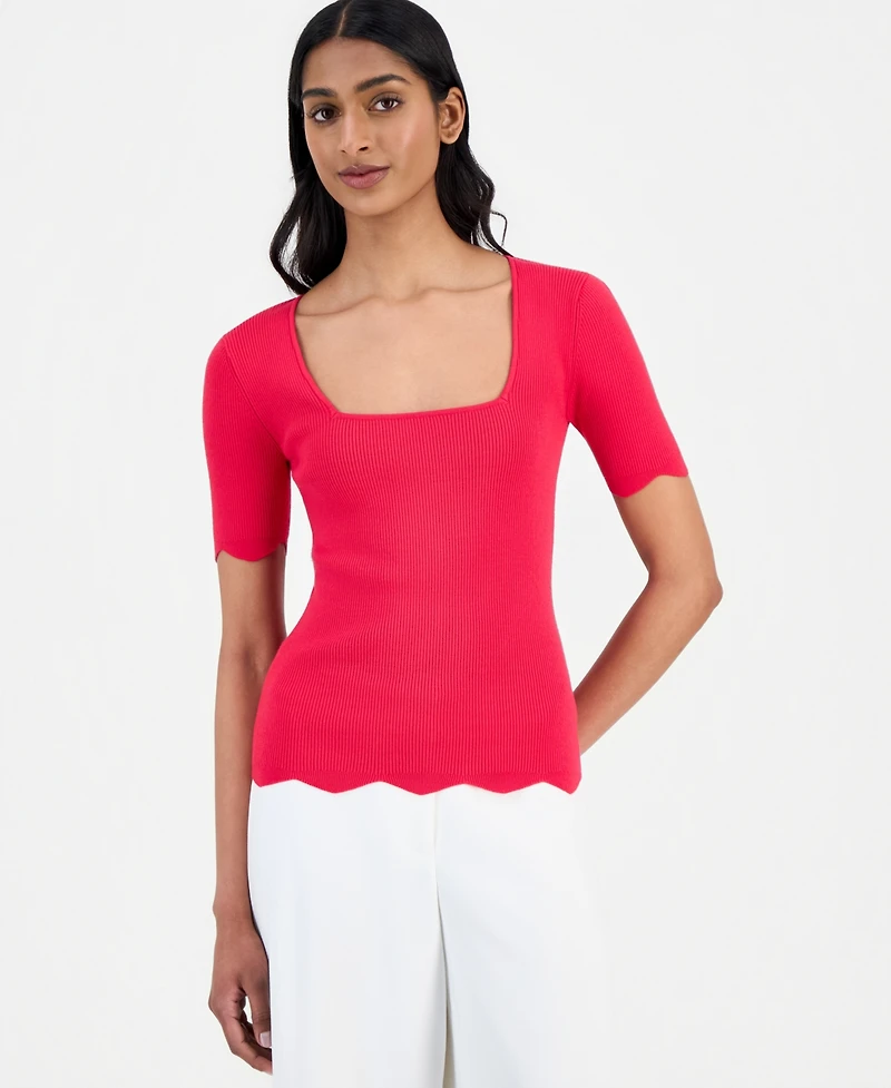 T Tahari Women's Square-Neck Scalloped-Edge Knit Top