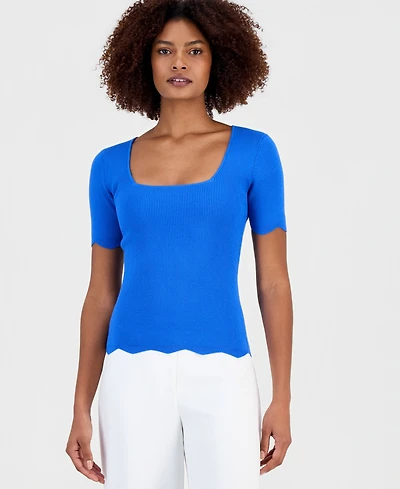 T Tahari Women's Square-Neck Scalloped-Edge Knit Top