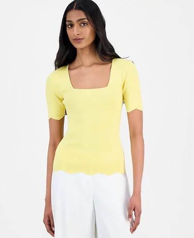 T Tahari Women's Square-Neck Scalloped-Edge Knit Top