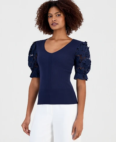 T Tahari Women's V-Neck Lace-Sleeve Ribbed-Knit Top