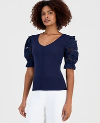 T Tahari Women's V-Neck Lace-Sleeve Ribbed-Knit Top