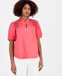 T Tahari Women's Split-Neck Lace-Yoke Puff-Sleeve Top