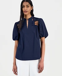 T Tahari Women's Split-Neck Lace-Yoke Puff-Sleeve Top