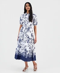 T Tahari Women's Printed Puff-Sleeve Shirtdress