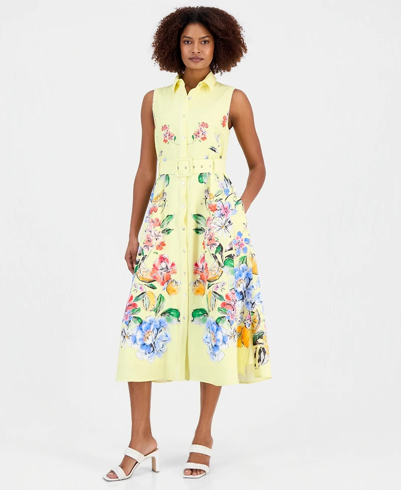 T Tahari Women's Sleeveless Belted Shirtdress