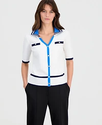 T Tahari Women's Contrast-Trim Johnny Collar Pullover Top
