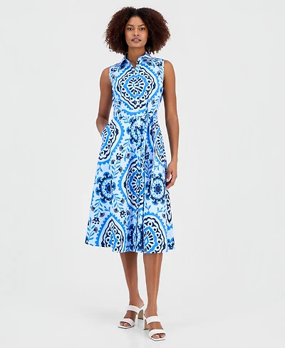 T Tahari Women's Printed Sleeveless Belted Shirtdress
