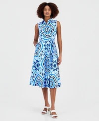 T Tahari Women's Printed Sleeveless Belted Shirtdress