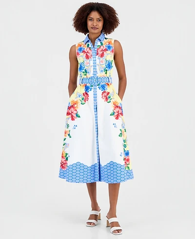 T Tahari Women's Printed Sleeveless Midi Shirtdress