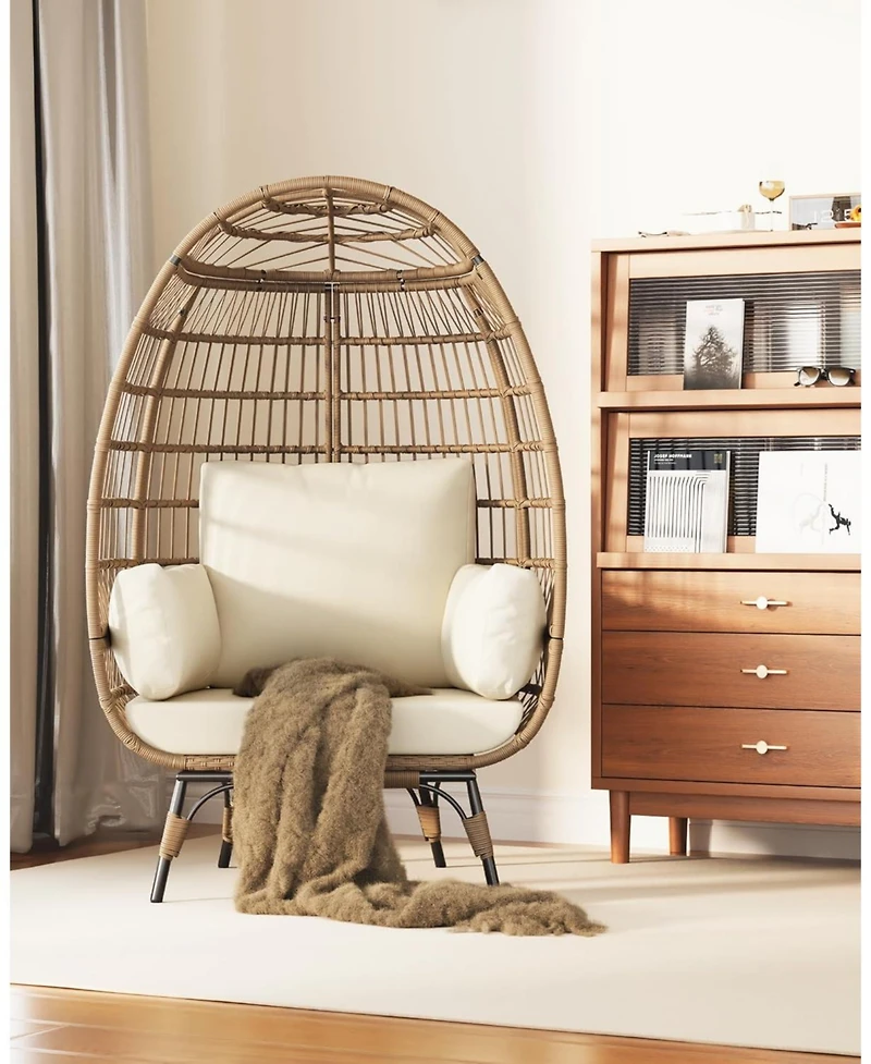 gaomon Oversized Rattan Egg Chair, Indoor/Outdoor Wicker Egg Basket Lounge with Steel Frame & 4 Cushions