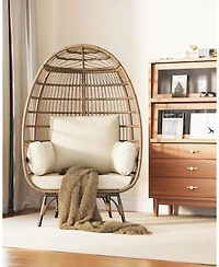 gaomon Oversized Rattan Egg Chair, Indoor/Outdoor Wicker Egg Basket Lounge with Steel Frame & 4 Cushions